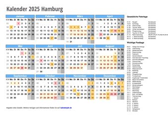 Kalender 2025 HAMBURG – Feiertage & Schulferien