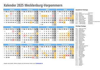 Kalender 2025 MECKLENBURG-VORPOMMERN – Feiertage & Schulferien