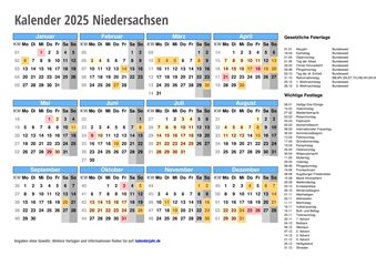 Kalender 2025 NIEDERSACHSEN – Feiertage & Schulferien